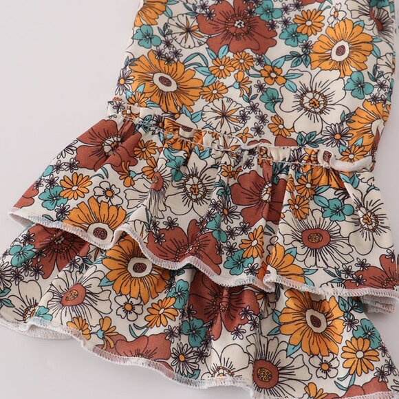 Abby and Evie Green Cow Applique Floral Print Ruffle Pants Set - Picture 3 of 6